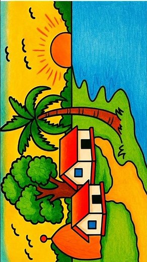 ❤Beautiful landscape scenery drawing/How to draw sunset scenery/Nature scenery drawing for beginners