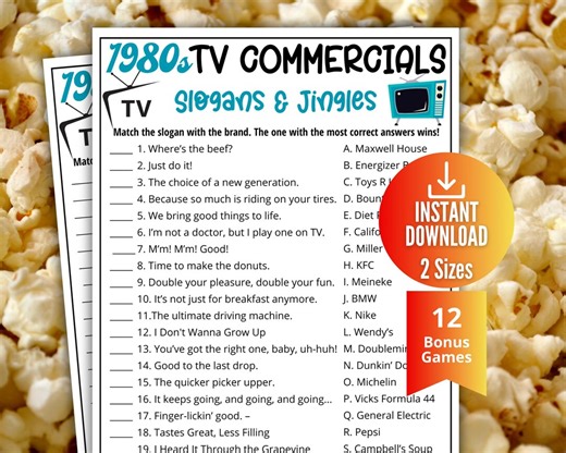 1980s Slogan Trivia Game, 80s Ad Slogans Jingles, TV Commercial Match Quiz, Printable TV Ad Game for Kids Adults Seniors, Family Game Night - Etsy