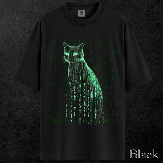 Cyber Cat Graphic T-shirt, Matrix Style Green Code Tee, Futuristic Streetwear Shirt, Unisex Black Aesthetic Top - Etsy