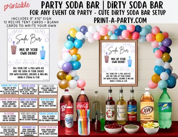 Printable Soda Bar Kit - Dirty Soda Sign & 12 prefilled recipe tent cards