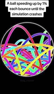 A ball speeding up by 1% each bounce untill the simulation crashes.