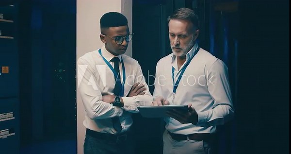 Server room, worker and tablet with talking for database, information technology and pointing. Datacenter, mentor and employee with instructions to store and power computer hardware on the system
