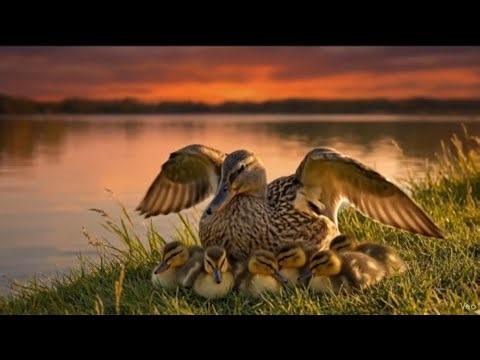 The mother duck teaches her baby to swim.🦆🦆