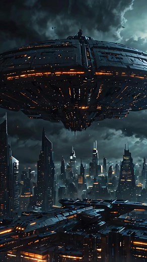 Alien Invasion Live Wallpaper: Majestic Spaceship Hovering Over a Neon-Lit City