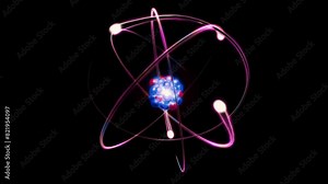 Atom with nucleus, neutrons, protons and electrons orbits glowing. Atomic structure. Concept of physics, science. 4K Animation of electrons orbiting