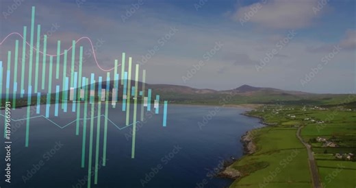 Bar charts and line graphs being animated over coastal farmland landscape in flat design