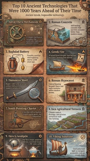 Top 10 Ancient Technologies That Were 1000 Years Ahead of Their Time Long before modern science, ancient civilizations built technologies so advanced that we’re still impressed and sometimes puzzled today 👇 1️⃣ Antikythera Mechanism – A complex mechanical calculator that predicted eclipses and planetary motion 2️⃣ Roman Concrete – Self-healing concrete that survives seawater better than modern mixes 3️⃣ Baghdad Battery – Possibly used for electroplating nearly 2,000 years ago 4️⃣ Greek Fire – A