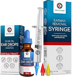 Medi Grade Ear Wax Removal Kit with Ear Syringe and Olive Oil Ear Wax Drops - Reusable Ear Irrigation Flushing System for Home Use - includes 3 Quad-Stream Tips for Comfortable Ear Cleaning