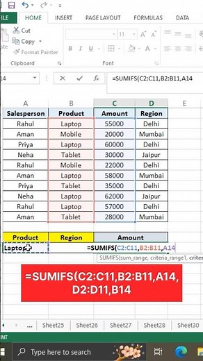 SUMIFS in Excel | Calculate Sales with Multiple Conditions (Easy Trick) #excel #exceltricks