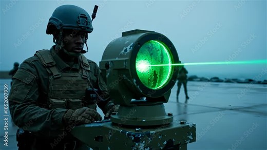 Soldier operates laser searchlight with green beam during mission. Military personnel uses laser device while drone flies. Soldier with searchlight beam tracks drone. Laser operation in field.