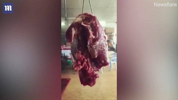 Bizarre moment a fresh cut of beef twitches 'as nerves are still alive'