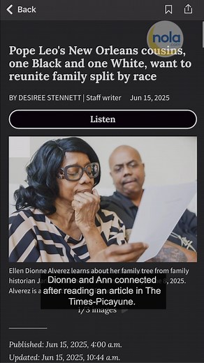 On Wednesday night, in a quiet corner of Antoine's in the heart of New Orleans' oldest neighborhood, two branches of Pope Leo's family that lost touch two generations before he was born were reunited over Oysters Rockefeller and French 75s. The seeds of the reunion were planted on May 8, when Cardinal Robert Francis Prevost was selected by his fellow cardinals as the next pope of the Roman Catholic Church. That morning, New Orleans genealogist Jari Honora saw than an American pope, with the last