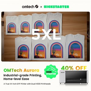 Turn your creative ideas into real products in minutes! Simply load your design and let OMTech Aurora do the rest. · All-in-One DTF System: Printing, powdering, and baking in one machine · Quick Setup: Minimal learning curve for beginners · Vibrant & Detailed: Professional colors on cotton, polyester, and blends · Low Maintenance: Self-cleaning printheads & automated ink circulation | OMTech | Facebook