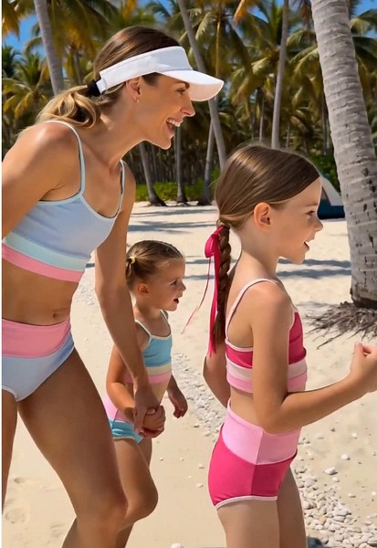 Stretchy quick-dry swim sets fit mom and girls for seaside treasure hunting 🪸⚱️ Skin-friendly material resists seawater, comfy design perfect for all beach adventures #familyswimwear #beachoutfit #kidbikiniset #tiktokshopmemorialday