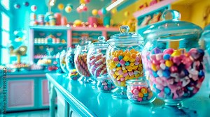 A colorful candy shop counter with glass jars filled to the brim with sweets and candies