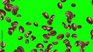 Super slow motion shot of falling roasted aromatic coffee beans on a green screen chroma key background