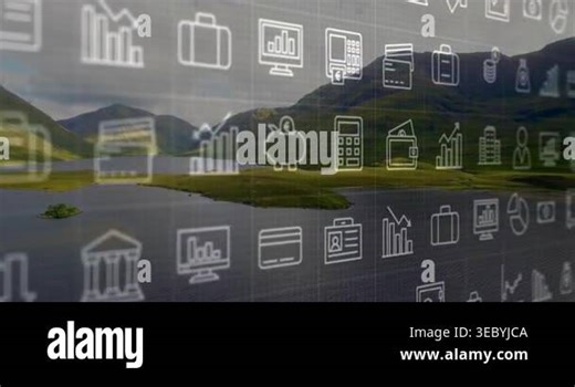 Semi-transparent finance icon grid shifting over lake on play, jittering, highlighting charts coins. Valley, mountains, overcast, landscape, tranquil, overlay, glyphs Stock Video Footage - Alamy