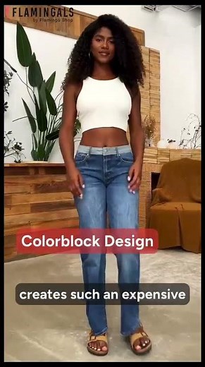 【Flamingals】Colorblock Flap Pocket Back Low Rise Straight Leg Jeans#jeans #ootd #womensfashion