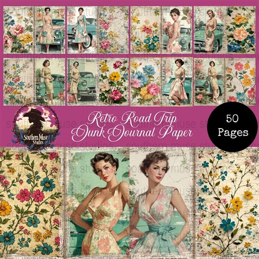 Retro Junk Journal Paper, 50 Pages Digital, Road Trip, Vintage Lady, Floral Ephemera, Scrapbook, Instant Download Pdfs, Pinups, Digikit - Etsy
