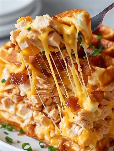 Cheddar chicken stuffed waffles Ingredients 1 cup chopped or shredded cooked chicken 1 cup shredded cheddar cheese 2 cups pancake/waffle mix (or ingredients for homemade batter) 1.5 cups milk (or as directed by mix instructions) 4 tbsp melted butter (plus more for greasing the iron) 2 large eggs 2 tbsp maple syrup (for the batter, optional, plus more for serving) Non-stick cooking spray Instructions Prepare the Waffle Batter: In a large bowl, mix the waffle mix, milk, 4 tbsp melted butter, 2 egg