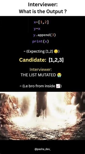 The ultimate Python reference trap! 🐍💀When the interviewer asks what print(x) outputs after.........