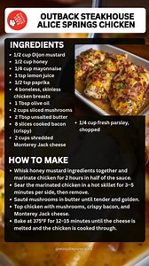 Outback Steakhouse Alice Springs Chicken 🍗🥓🧀 Ingredients For the Honey Mustard Marinade: 1/2 cup Dijon mustard 1/2 cup honey 1/4 cup mayonnaise 1 tsp lemon juice 1/2 tsp paprika For the Chicken: 4 boneless, skinless chicken breasts 1 Tbsp olive oil 2 cups sliced mushrooms 2 Tbsp unsalted butter 8 slices cooked bacon (crispy) 2 cups shredded Monterey Jack cheese 1/4 cup fresh parsley, chopped Serves: 4 Prep time: 15 minutes (plus marinating) Cook time: 25–30 minutes How to Make: In a small bow