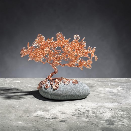 Handmade Copper Wire Bonsai Tree Sculpture | Natural Basalt Stone Base, Zen Desk Decor - Etsy