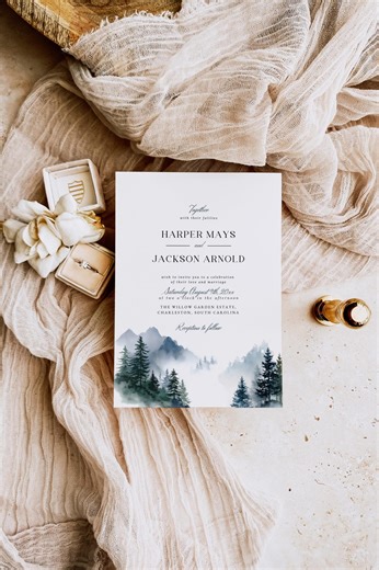 Mountain Wedding Invitation: Editable Watercolor Forest Wedding Invite (canva Template) - Etsy