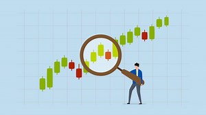 Stock market graph analysis, 4k animation of businessman investor examining investment chart with a magnifying glass