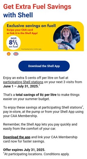 [Shell] Shell - CAA Members save 8c/L on first 3 fuel purchases Jun 1-Jul 31, YMMV - RedFlagDeals.com Forums