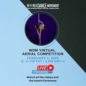 Join Us for the WDM Virtual Aerial Competition! Don't miss the WDM Virtual Aerial Competition tomorrow, February 1! Watch the incredible performances and the Award Ceremony live starting at 11 AM EST / 5 PM GMT 1. 🔴 Live Broadcast - Click here to watch: https://worlddancemovement.dancecompgenie.com/admin/modules/Dance-Site/?Media=true/#/public/mediaLiveStreamroutines/?locationId=25cfb286-ce3e-412a-9458-1a8ac9bf1e6a 📄 Event Program: https://worlddancemovement.com/wp-content/uploads/2025/01/Feb-