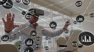 Animation of network of connections with statistics and digital tablet icons with businessman wearing a Virtual Reality headset in the background. Global networking virtual reality and connections