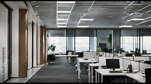 A modern office environment showcasing clean workspaces with plants and natural light, emphasizing productivity and professionalism.