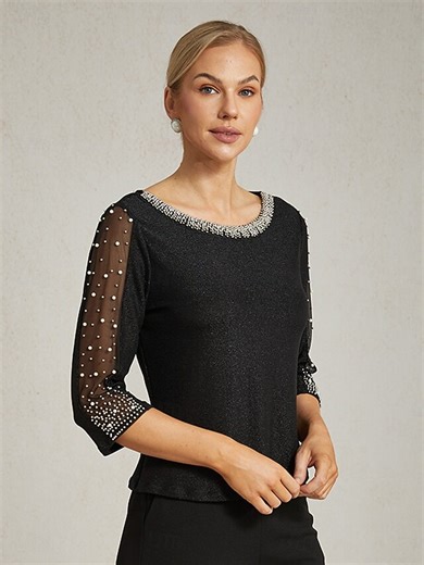 Women's Dressy Tops Elegant Daily Ladies 3/4 Length Sleeve Crew Neck Regular Tops Wedding Guest Party Evening Wear Semi Formal Beaded Metallic Illusion Black Spring Fall Winter 2026 - $69.99