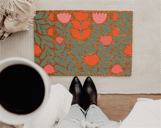 Retro Poppy Floral Doormat, Boho Entry Rug, Natural Coir Welcome Mat