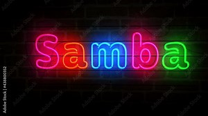 Samba neon on brick wall. Light color bulbs with Brazil Rio de Janeiro dance festival sign. Abstract concept 3d animation. Stock Video