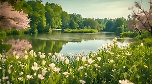 Abstract animation of the reflection of a flowering forest in a river. Silence, fishing, hiking, nature reserve, shore, waterfowl, recreation, ecosystem, landscape, wildlife. Generated by AI