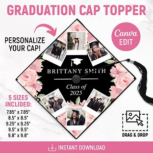 Custom Photo Graduation Cap Topper, Graduation Decoration, Class of 2026, Floral Grad Cap, Grad Cap With Flowers, Grad 2025, Canva Editable - Etsy