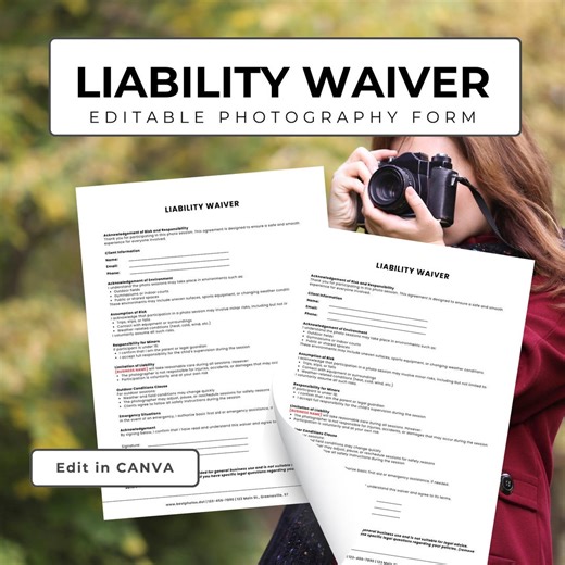 Liability Waiver Template for Photographers, Editable Canva Form, Photography Business Template, Client Safety Agreement - Etsy