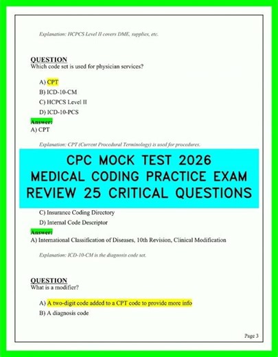 CPC MOCK TEST 2026 MEDICAL CODING PRACTICE EXAM REVIEW 25 CRITICAL QUESTIONS UPDATED 2026 REVIEWS