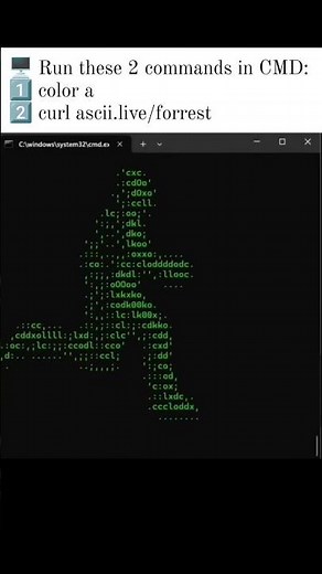 🖥️ Run these 2 commands in CMD: 1️⃣ color a 2️⃣ curl ascii.live/forrest.