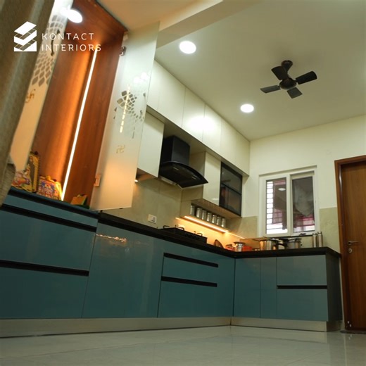 Kontact Interiors on Instagram: "Simple. Minimal. Memorable. A thoughtfully designed kitchen and pooja unit combination—where functionality meets serenity. Seamlessly integrated layouts that keep the kitchen efficient and the pooja space calm, respectful, and beautifully defined. Designed to blend devotion with daily living, without visual clutter. Project details: Client: Mr. Vamsi Ragava Location: EIPL Manikonda What we offer: * Modular kitchen units * Integrated pooja units * Smart storage &