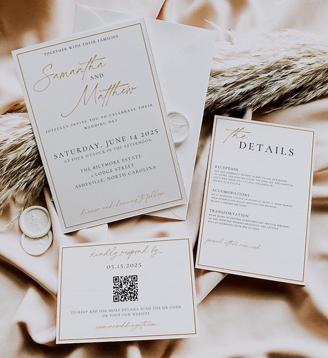 Elegant Gold Wedding Invitation Suite Template, Minimal Wedding Invite Template, Invitation Set With QR Code Rsvp Card, Editable Download - Etsy