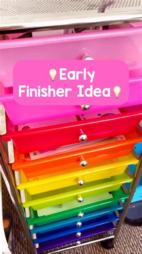 Kelsey | First Grade | Guided Math on Instagram: "💡 Early Finisher idea your kids will love! I save all the task card sets we use each week for our Solve the Room math center and put them in a drawer in my rainbow cart! 🌈 🌟If students finish early and need something to work on, they can choose any set of cards and a recording sheet and find a spot to work. 🌟 I also keep the answer keys in a folder so they can check their own work when they’re done 🌟 Students LOVE choosing and it’s great spi