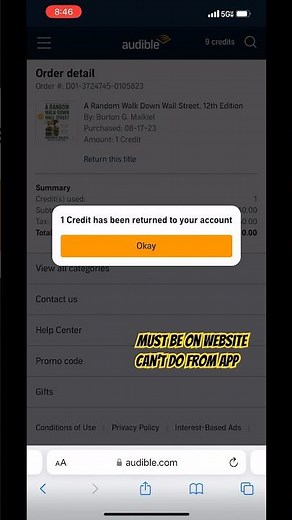 How to return an Audiobook on audible 2023 for credit - must be on website, can’t do from mobile app