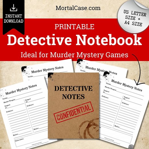 Printable Detective Notebook for Murder Mystery Game, Gift Bag Journal for Murder Mysteries, Notepad Party Favor, A4   US Letter Size, PDF - Etsy