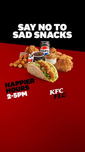 Level up your snack game with 2 snacks for ONLY $5 on the Happier Hours menu💥 Choose from a range of delicious snacks between 2pm-5pm 🤤 | KFC