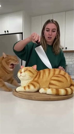 🤣 Cutting a cat cake 🍰 and the real cat freaks out!