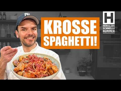 Spaghetti with crusty bread and salami