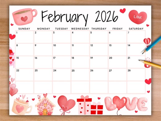 Editable February 2026 Calendar, Printable Valentines Day Calendar W/ Pink Hearts, School Calendar, Monthly Calendar Work Home Office School - Etsy Australia